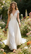Custom Bohemian Chiffon A-Line Wedding Dress with Cap Sleeves, V-Neck Lace Beach Bridal Gown