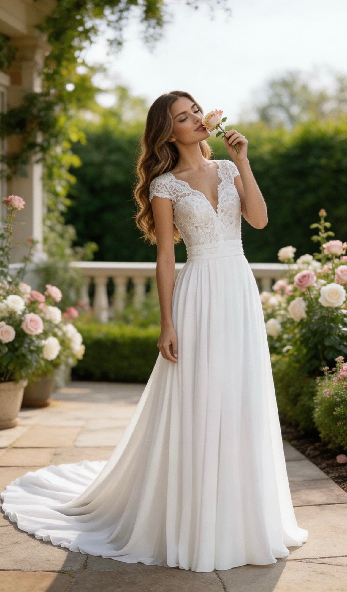 Custom Bohemian Chiffon A-Line Wedding Dress with Cap Sleeves, V-Neck Lace Beach Bridal Gown