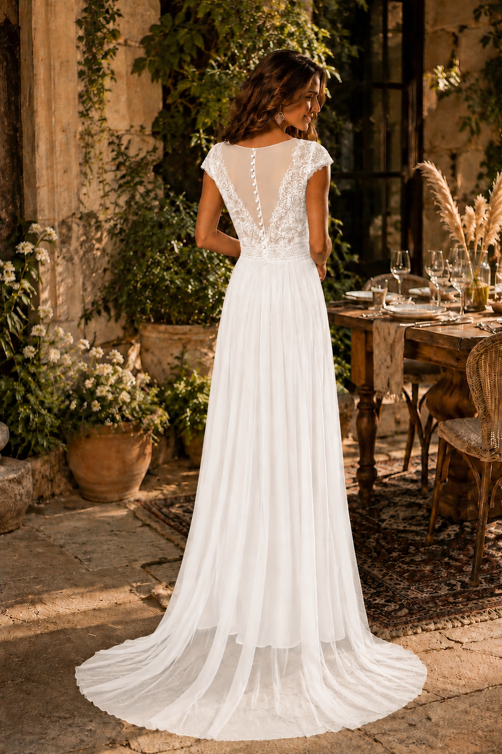 Boho Elopement Wedding Dress – Flowing Chiffon A-Line Bridal Gown with Lace Cap Sleeves | Custom Made Bridal Dress