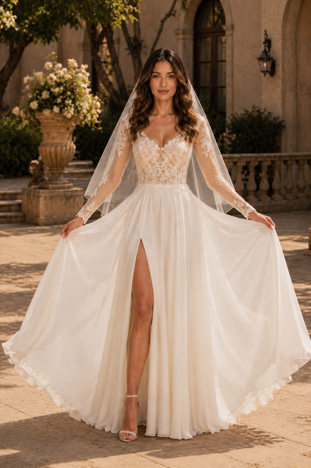 Custom Chiffon Wedding Dress with Lace V-Neck, Side Slit & Open Back | Elegant Bridal Gown with 50cm Train