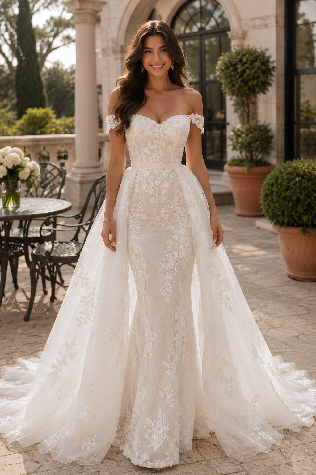 Wedding dress detachable train |trumpet-style | with off-the-shoulder sleeves | with appliqués | Custom-made