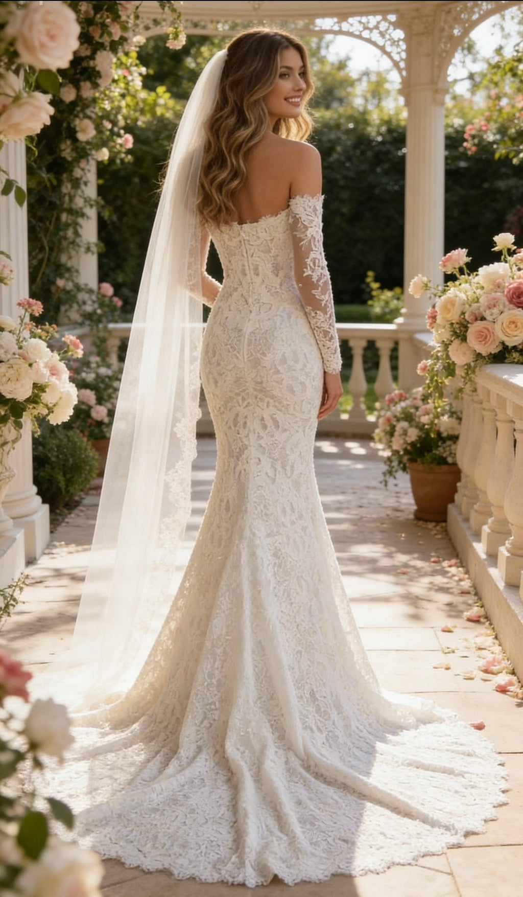 Boho Mermaid Lace Wedding Dress | Off Shoulder Custom Bridal Gown Made Entirely of Floral Lace | Long Sleeve Wedding Dress