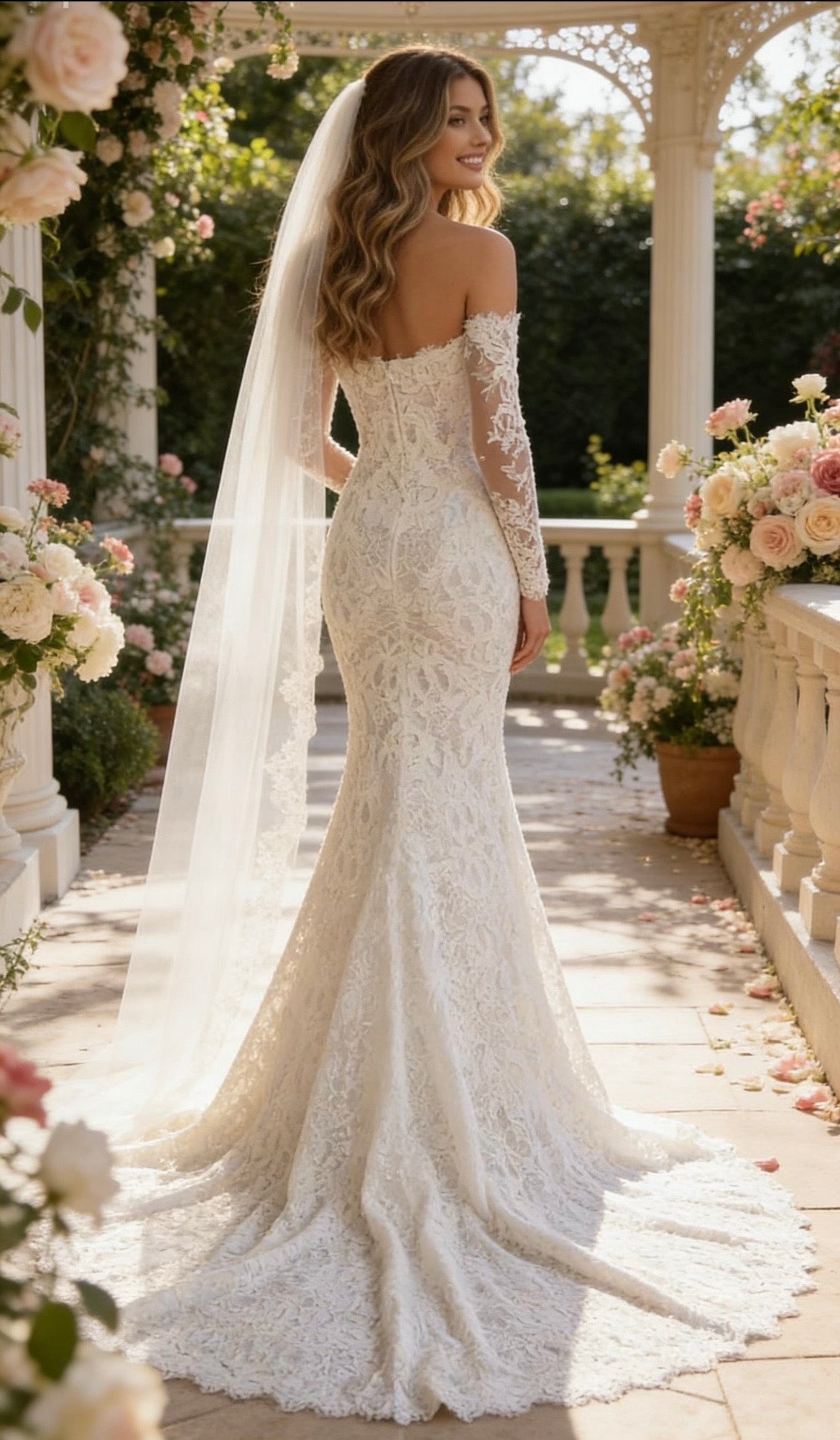 Boho Mermaid Lace Wedding Dress | Off Shoulder Custom Bridal Gown Made Entirely of Floral Lace | Long Sleeve Wedding Dress