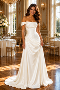 Off-Shoulder Satin Wedding Dress with Corset & Long Train | Custom Made-to-Measure Bridal Gown