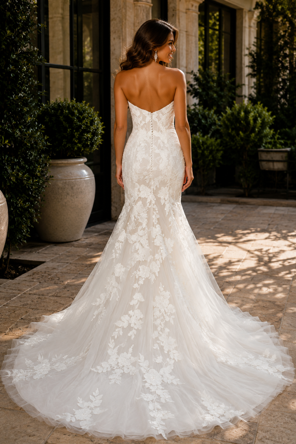 Custom Mermaid Wedding Dress Strapless Sweetheart Neckline with Lace Apliques and Chapel Train