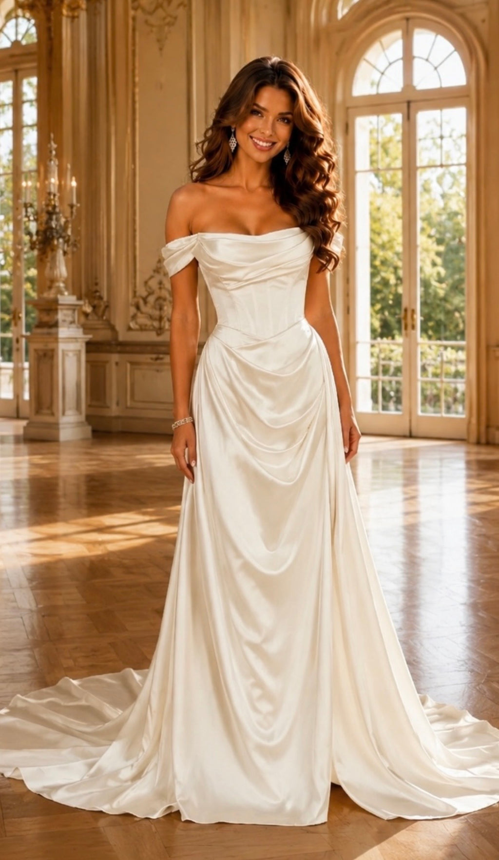 Off-Shoulder Satin Wedding Dress with Corset & Long Train | Custom Made-to-Measure Bridal Gown