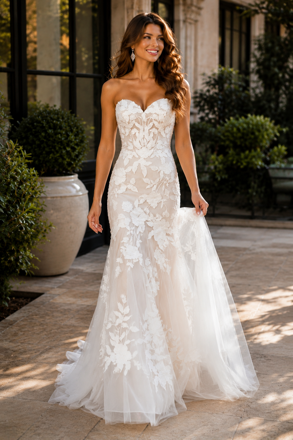 Custom Mermaid Wedding Dress Strapless Sweetheart Neckline with Lace Apliques and Chapel Train