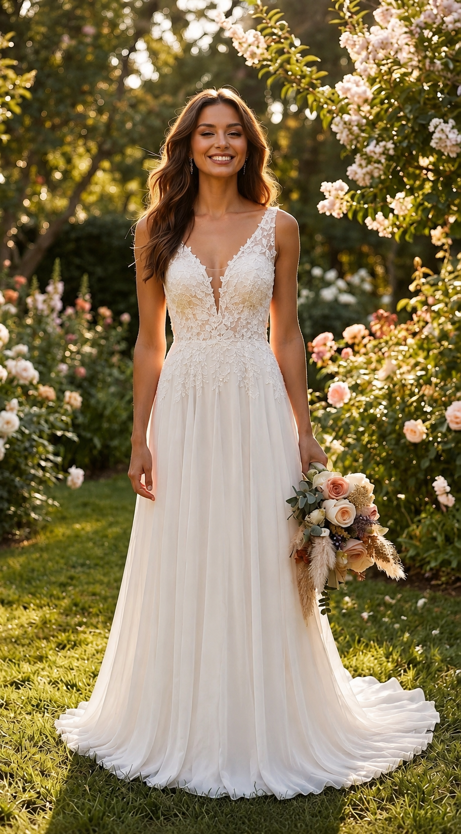 Custom Chiffon A-Line Wedding Dress with Lace Appliques & V-Neck | Sleeveless Bridal Gown for Beach, Garden & Elopement Weddings