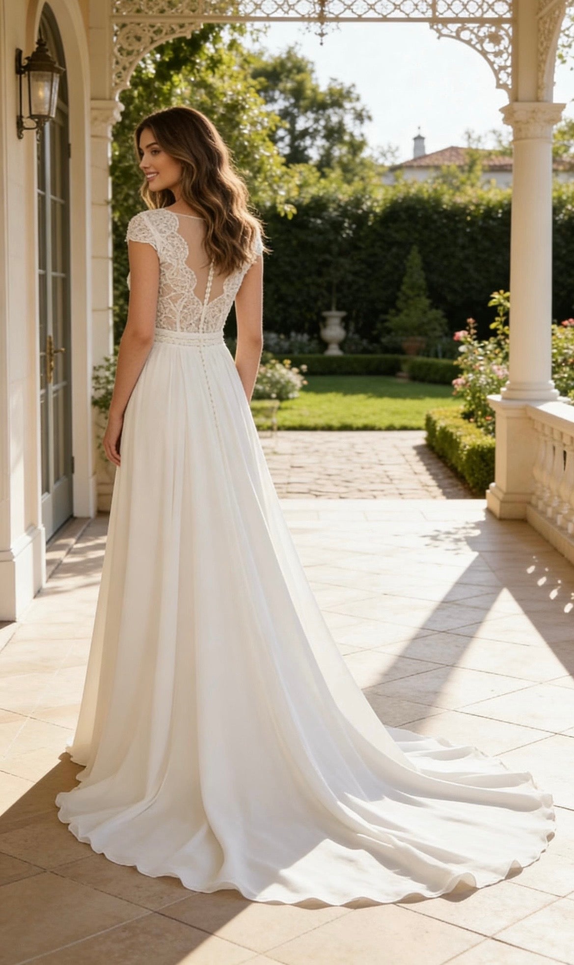 Custom Bohemian Chiffon A-Line Wedding Dress with Cap Sleeves, V-Neck Lace Beach Bridal Gown
