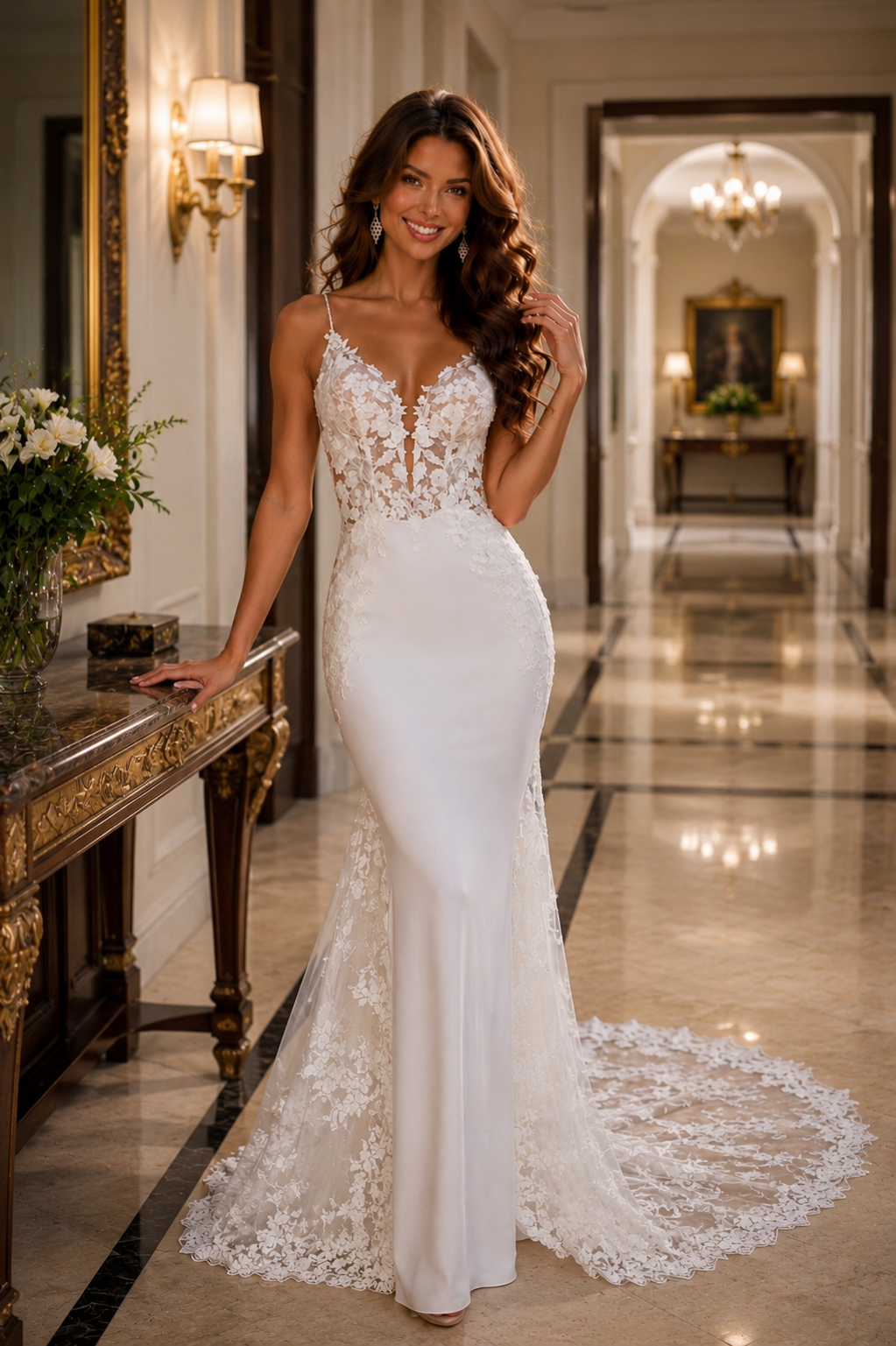 Vintage Mermaid Wedding Dress with Open Back & Spaghetti Straps | Custom Lace Appliqué Bridal Gown