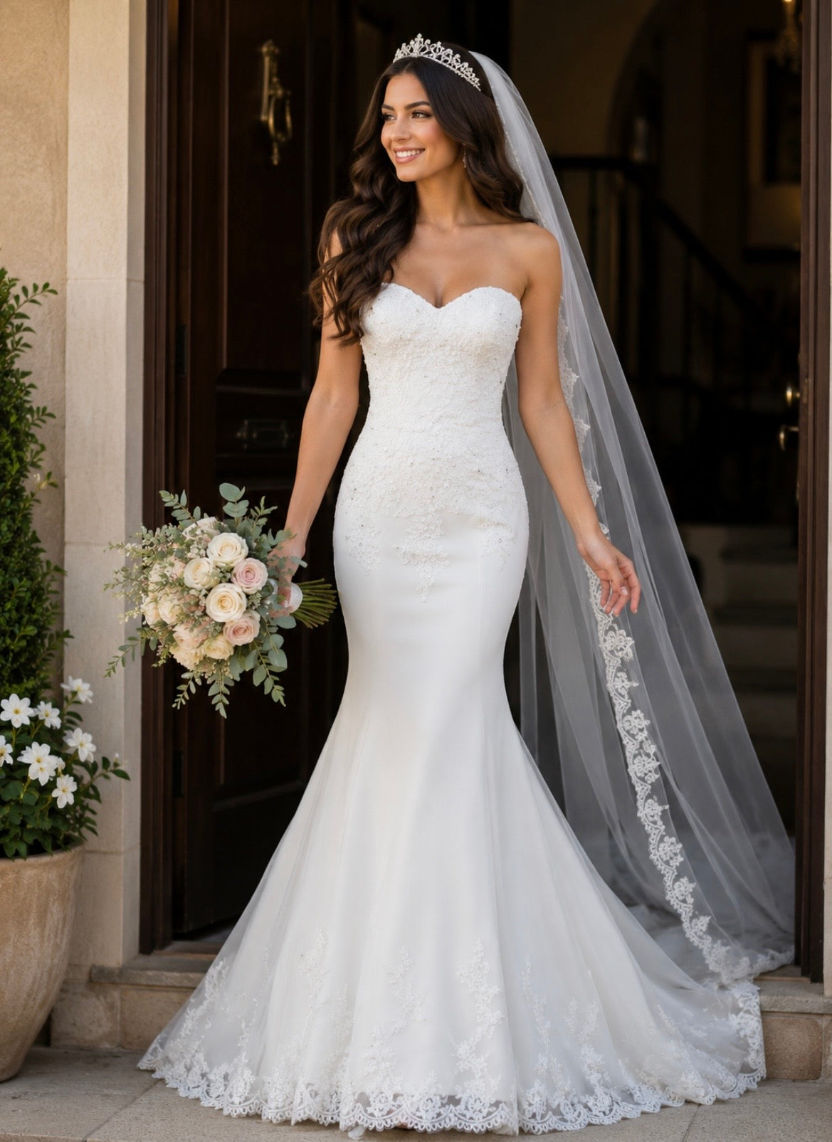 Strapless Mermaid Wedding Dress with Lace Appliqué & Sequin Details | Custom Beach Bridal Gown with Long Train
