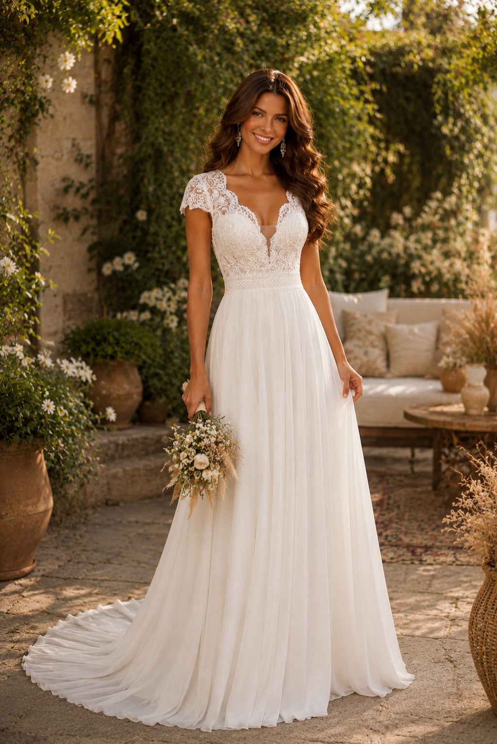 Boho Elopement Wedding Dress – Flowing Chiffon A-Line Bridal Gown with Lace Cap Sleeves | Custom Made Bridal Dress