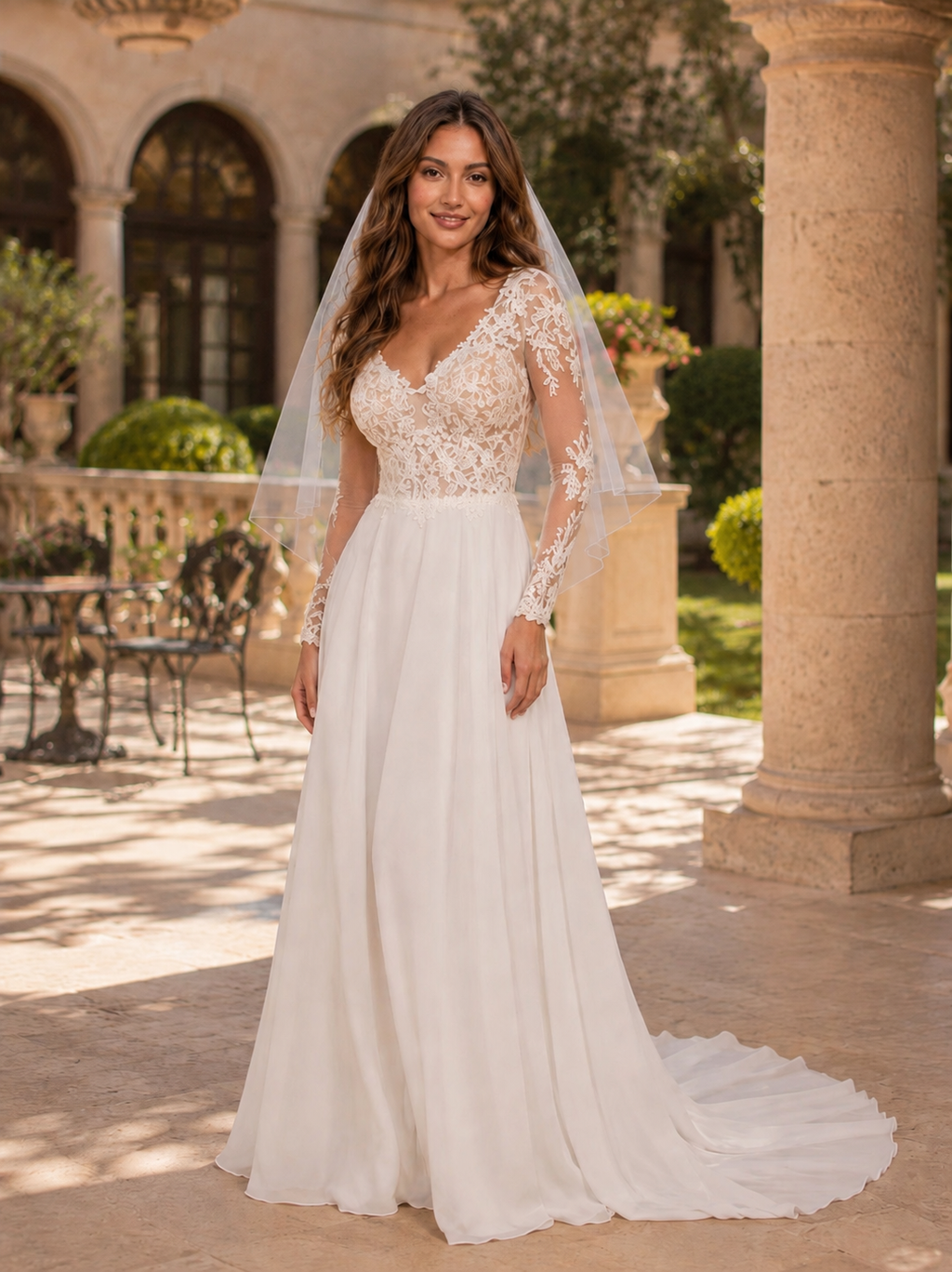 Custom Chiffon Wedding Dress with Lace V-Neck, Side Slit & Open Back | Elegant Bridal Gown with 50cm Train