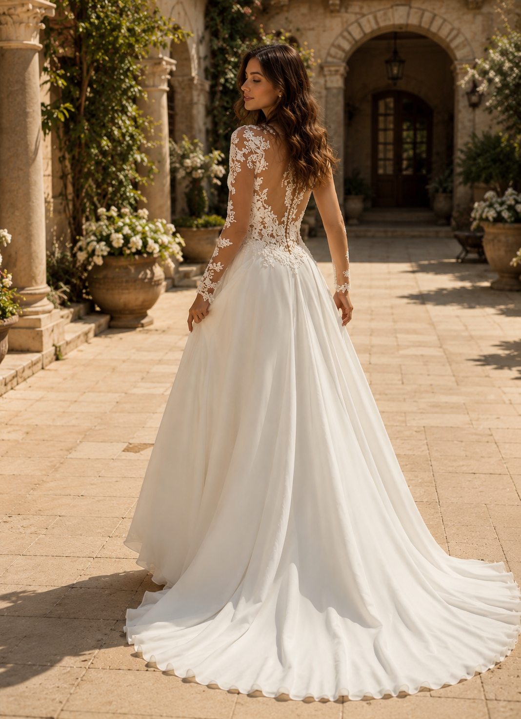 Custom Chiffon Wedding Dress with Lace V-Neck, Side Slit & Open Back | Elegant Bridal Gown with 50cm Train