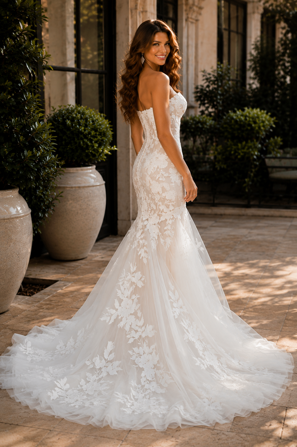 Custom Mermaid Wedding Dress Strapless Sweetheart Neckline with Lace Apliques and Chapel Train