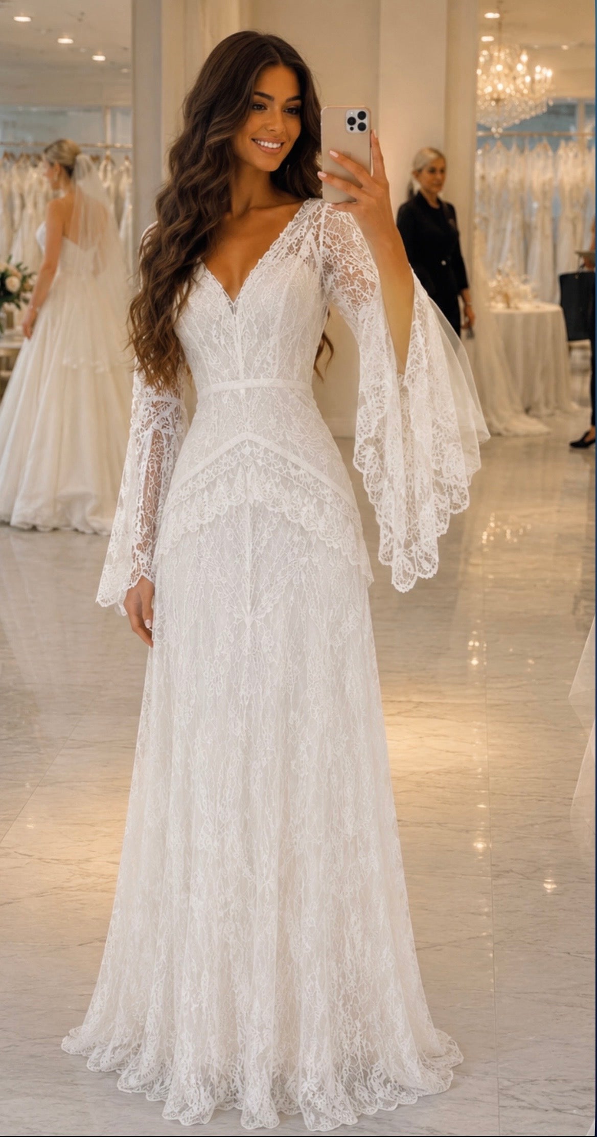 Bohemian Wedding Dress, Lace Bridal Gown,with Chapel Train, long sleeves Beach Bridal Dress, Handmade