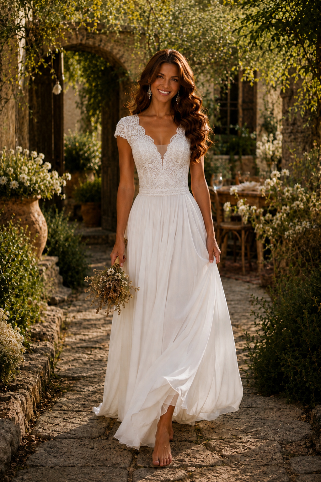 Boho Elopement Wedding Dress – Flowing Chiffon A-Line Bridal Gown with Lace Cap Sleeves | Custom Made Bridal Dress