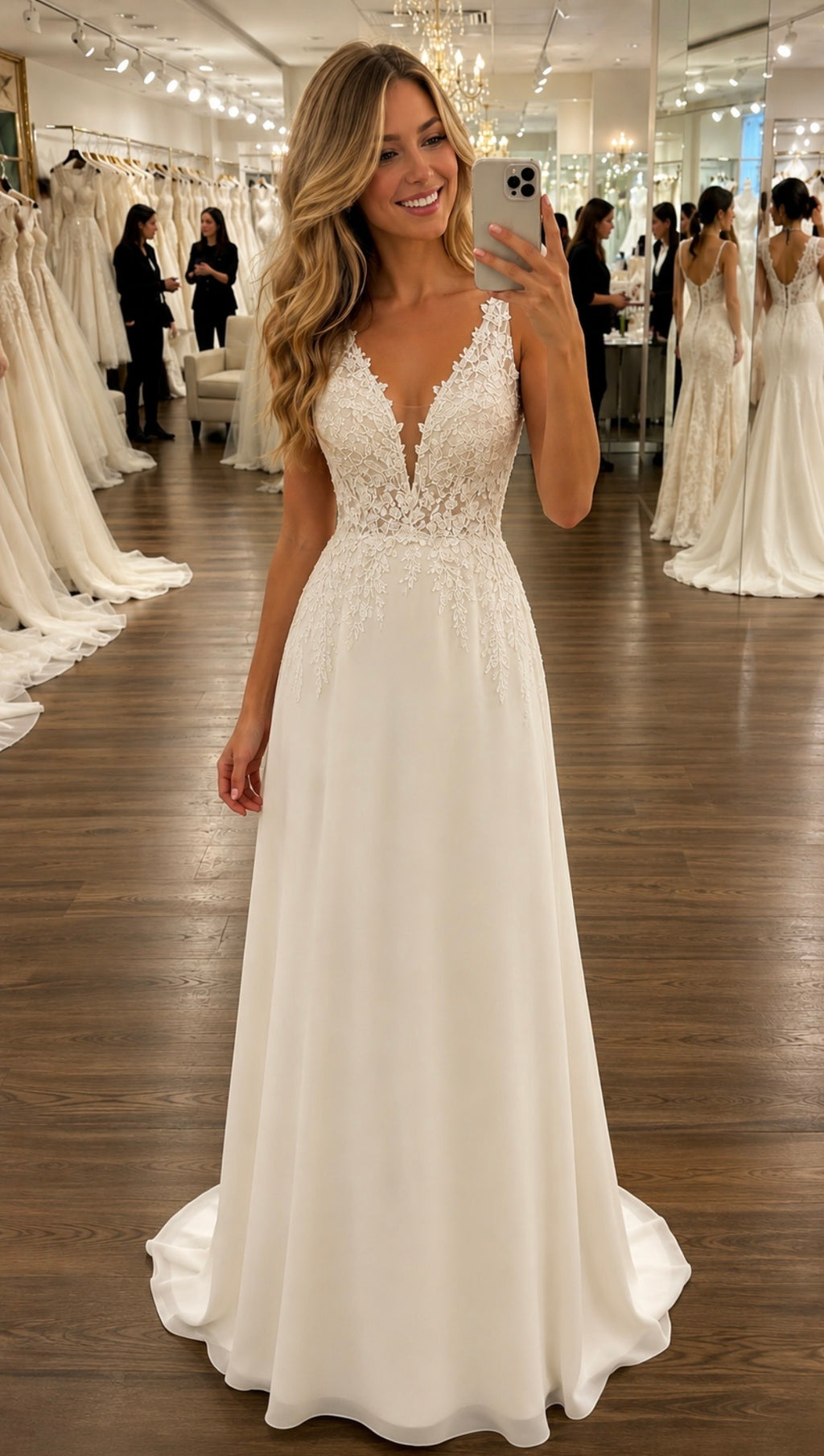 Custom Chiffon A-Line Wedding Dress with Lace Appliques & V-Neck | Sleeveless Bridal Gown for Beach, Garden & Elopement Weddings