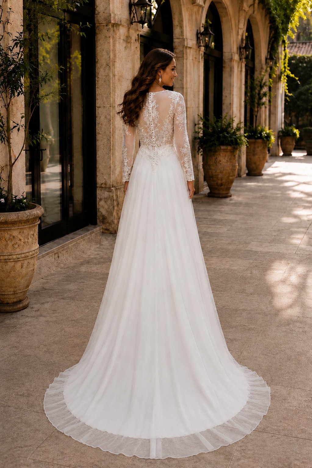 Custom Bohemian Chiffon Wedding Dress with Lace Sleeves & Slit