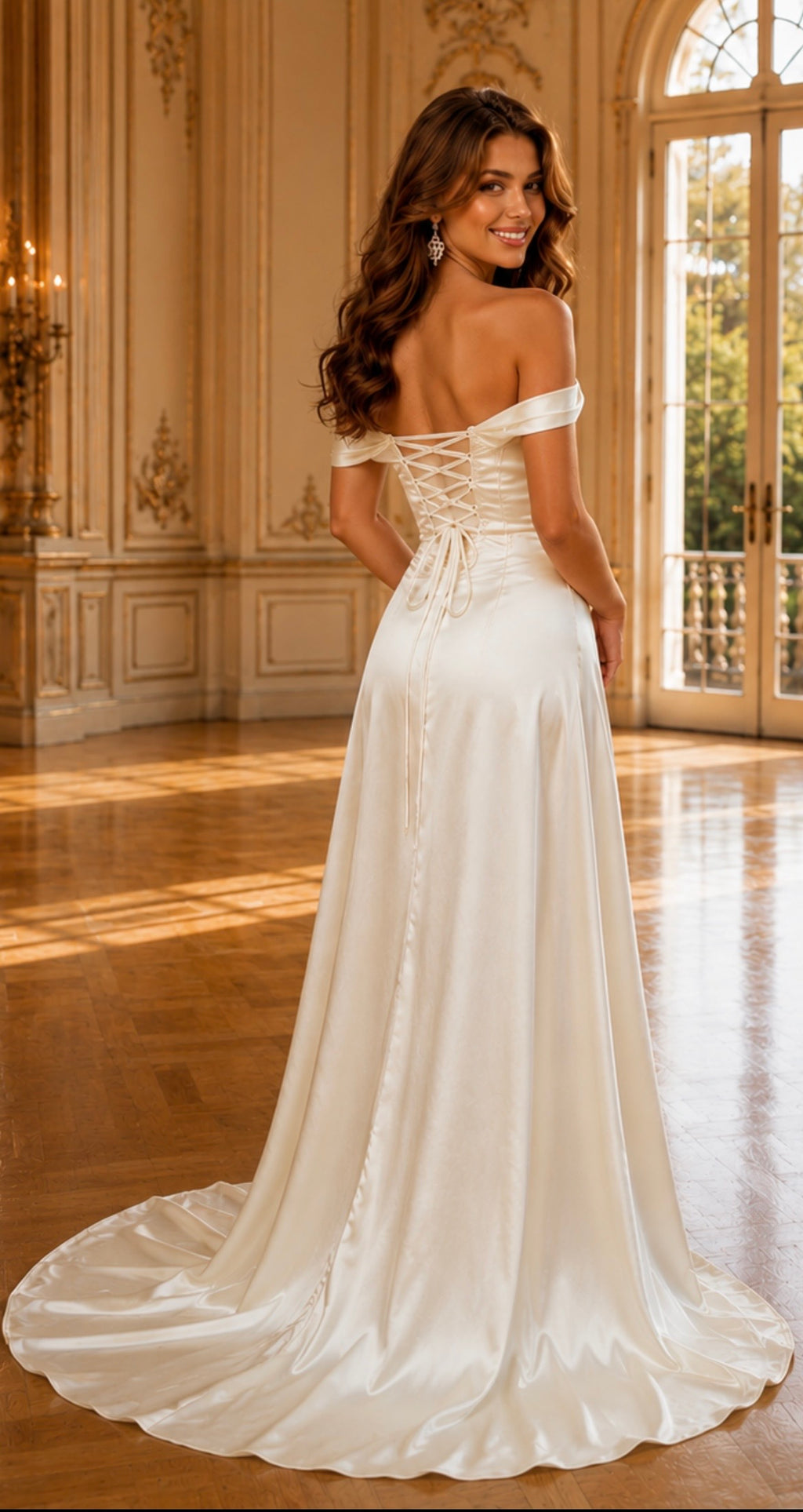 Off-Shoulder Satin Wedding Dress with Corset & Long Train | Custom Made-to-Measure Bridal Gown