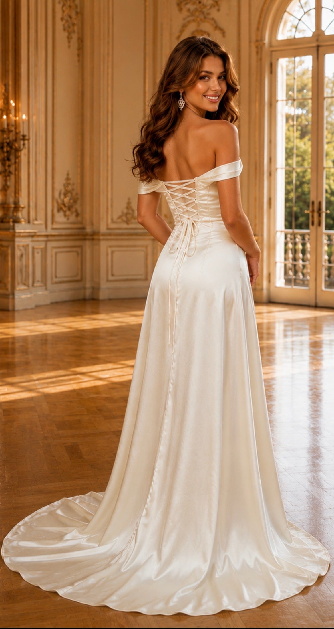Off-Shoulder Satin Wedding Dress with Corset & Long Train | Custom Made-to-Measure Bridal Gown