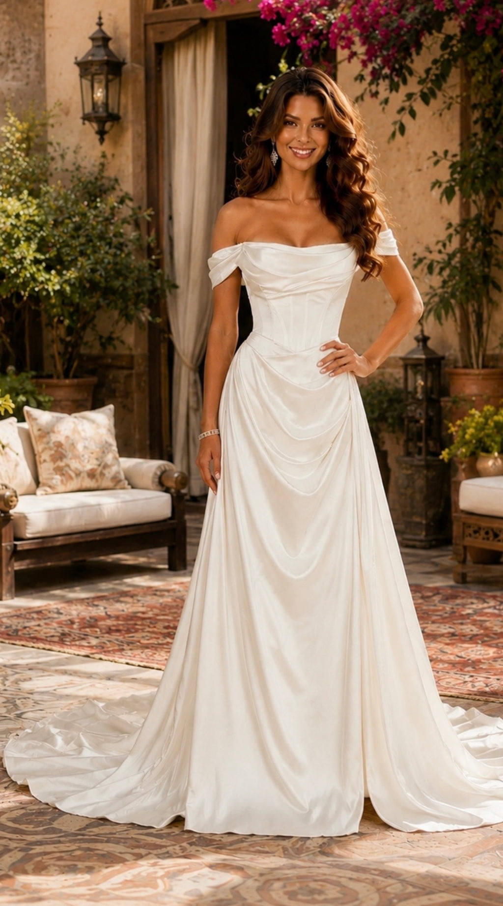 Off-Shoulder Satin Wedding Dress with Corset & Long Train | Custom Made-to-Measure Bridal Gown