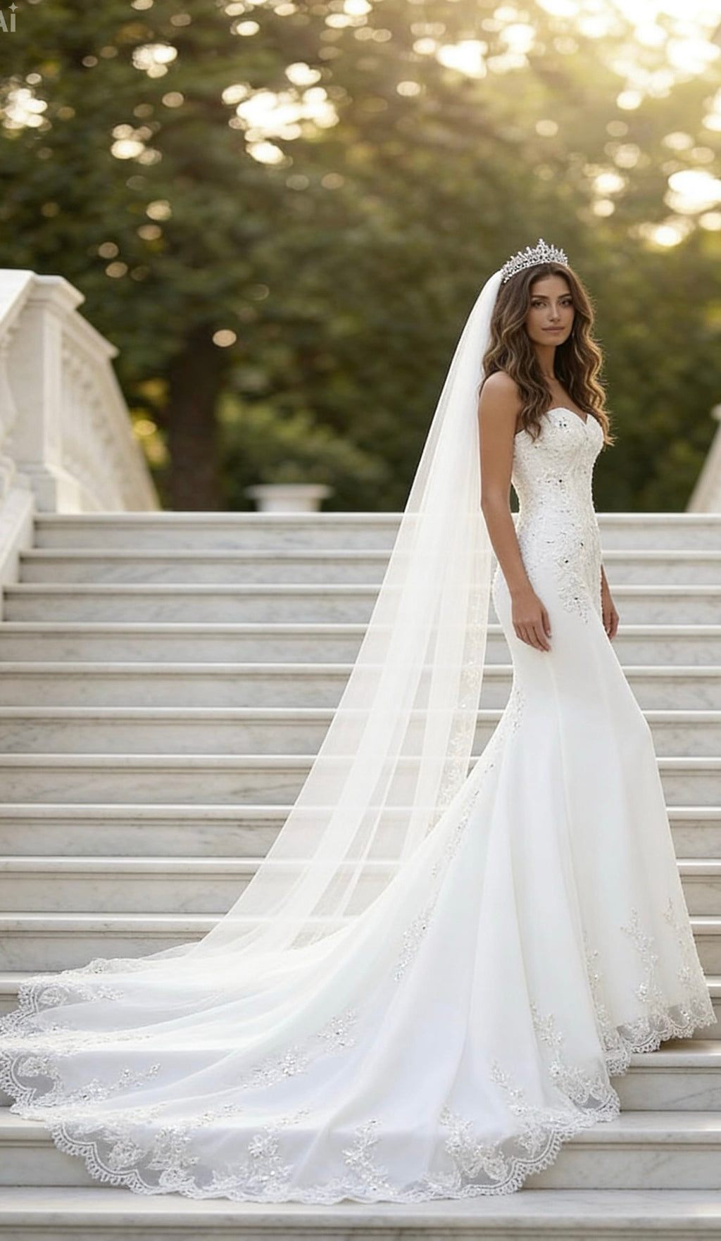 Strapless Mermaid Wedding Dress with Lace Appliqué & Sequin Details | Custom Beach Bridal Gown with Long Train
