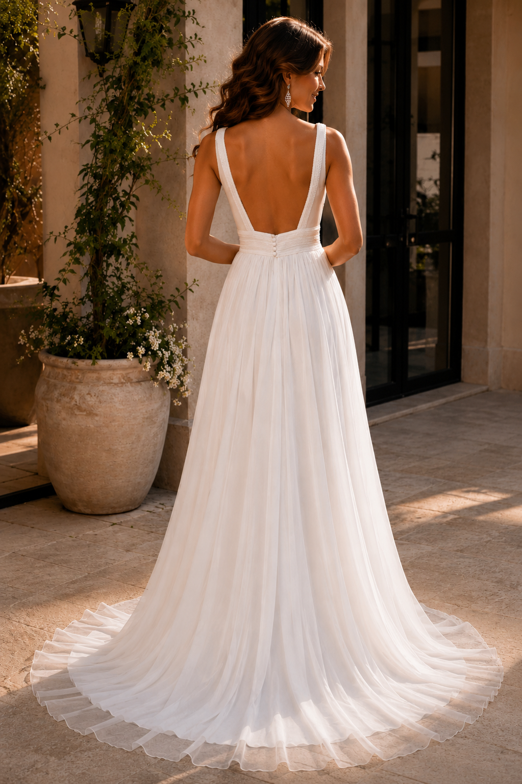 Bohemian Chiffon A-Line Wedding Dress with V-Neck, Sleeveless, High Slit & Open Back | Custom Made