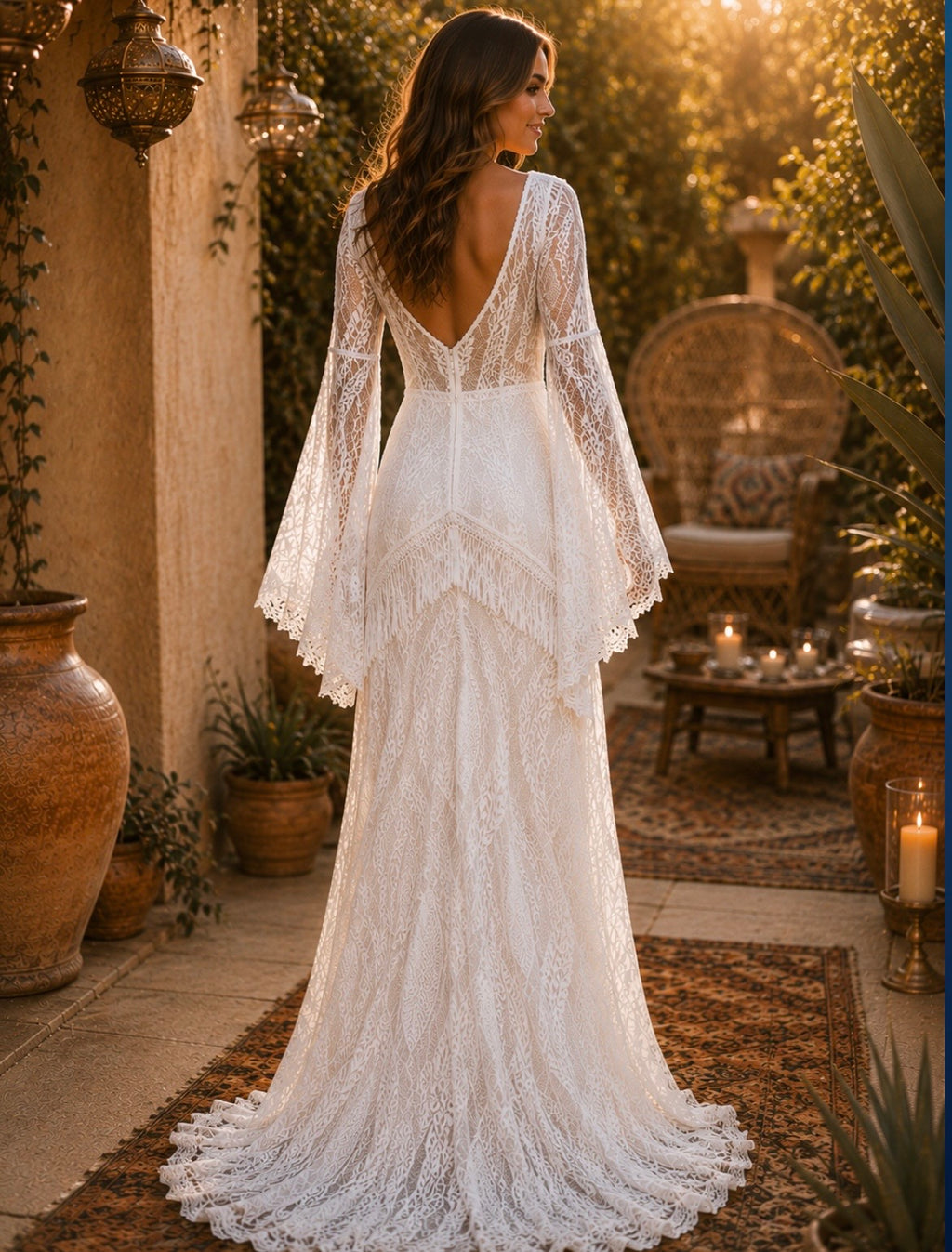 Bohemian Wedding Dress, Lace Bridal Gown,with Chapel Train, long sleeves Beach Bridal Dress, Handmade