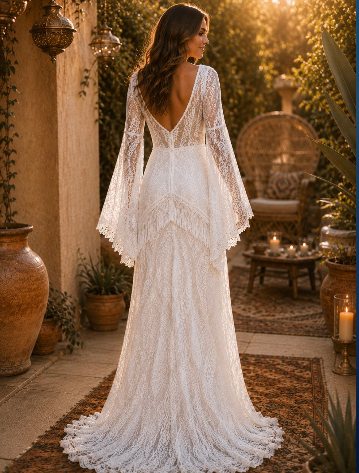 Bohemian Wedding Dress, Lace Bridal Gown,with Chapel Train, long sleeves Beach Bridal Dress, Handmade