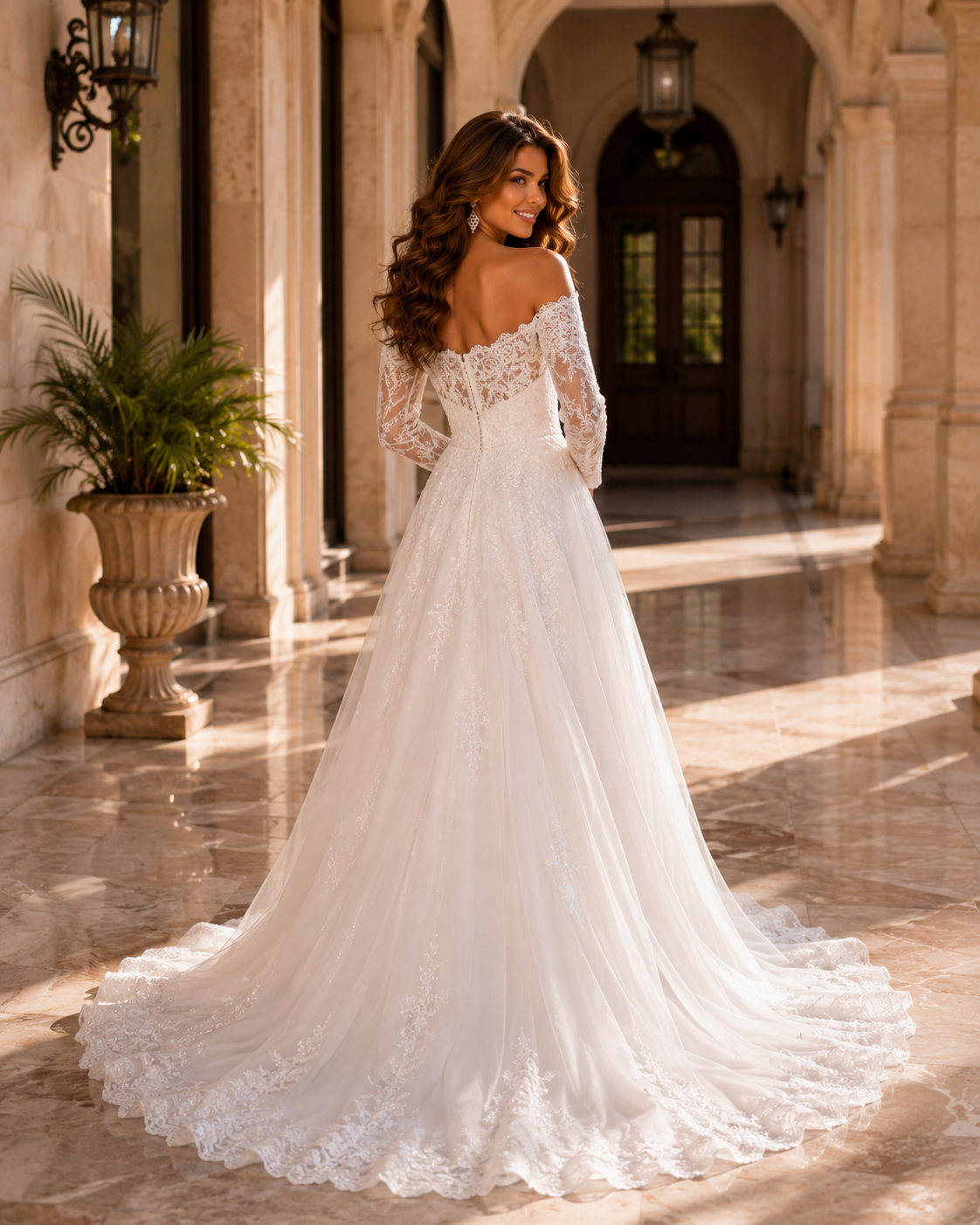 Vintage Off-Shoulder Lace Wedding Dress with Long Sleeves – Custom A-Line Chapel Train Bridal Gown
