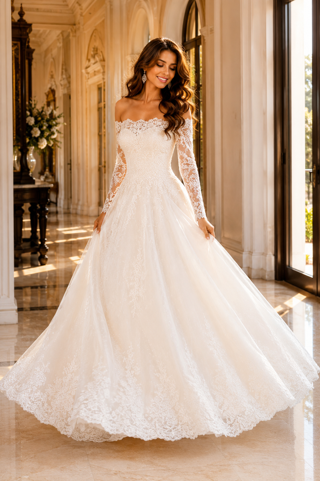 Vintage Off-Shoulder Lace Wedding Dress with Long Sleeves – Custom A-Line Chapel Train Bridal Gown