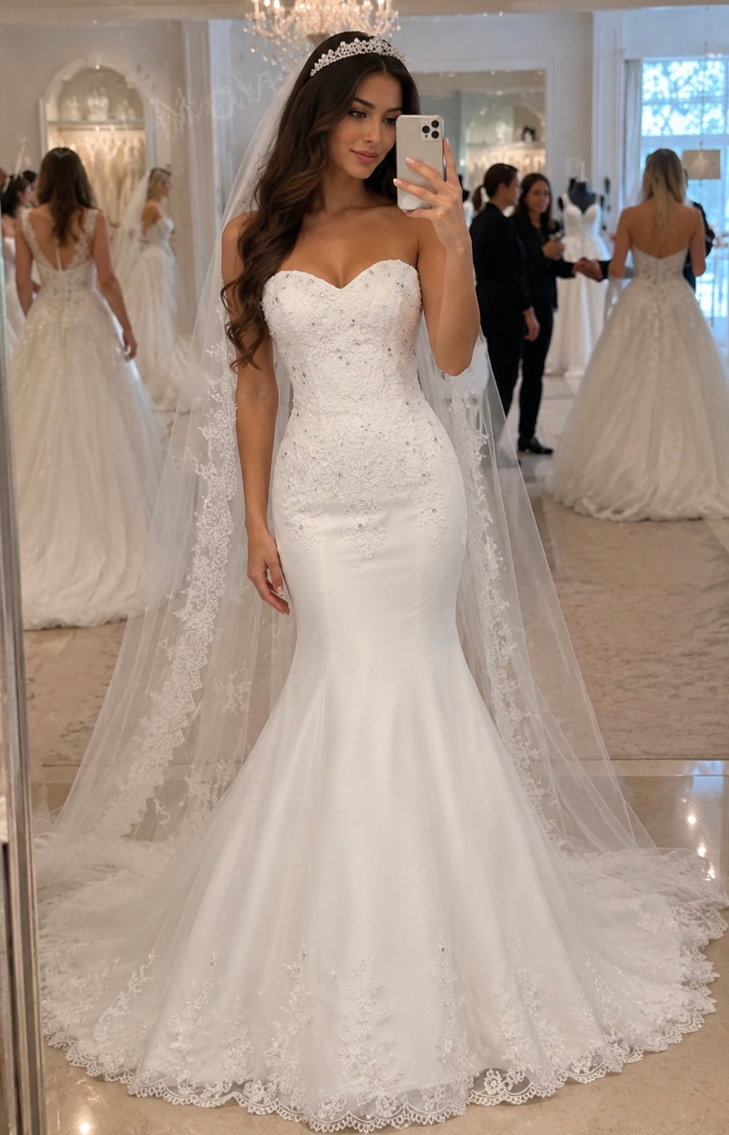 Strapless Mermaid Wedding Dress with Lace Appliqué & Sequin Details | Custom Beach Bridal Gown with Long Train