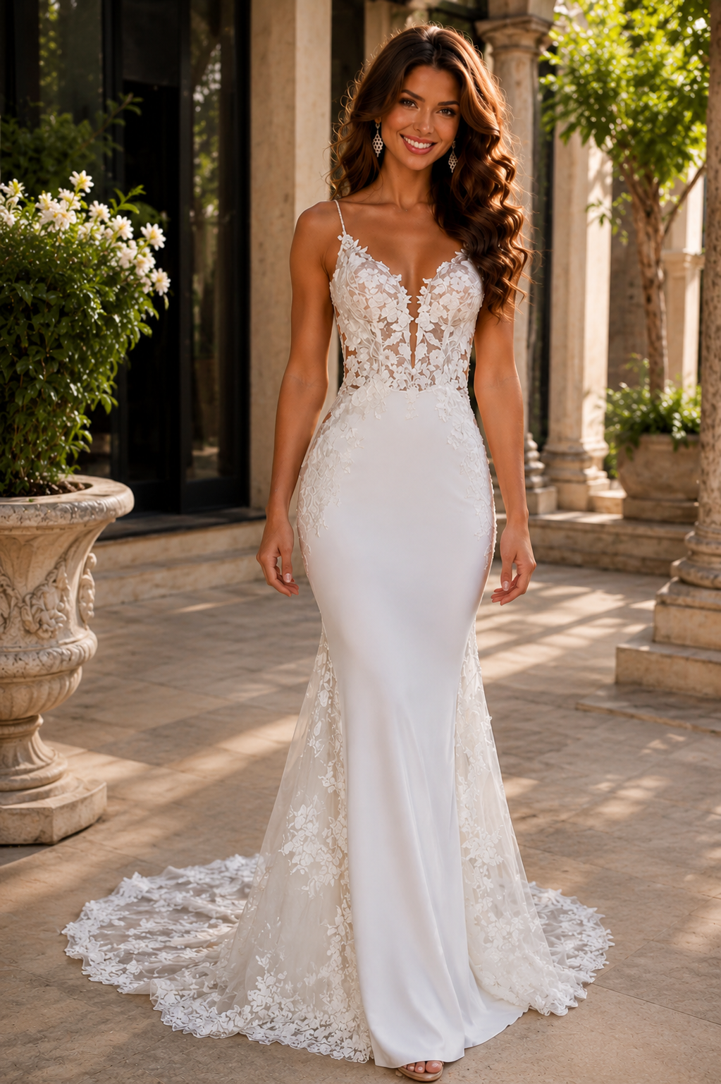 Vintage Mermaid Wedding Dress with Open Back & Spaghetti Straps | Custom Lace Appliqué Bridal Gown