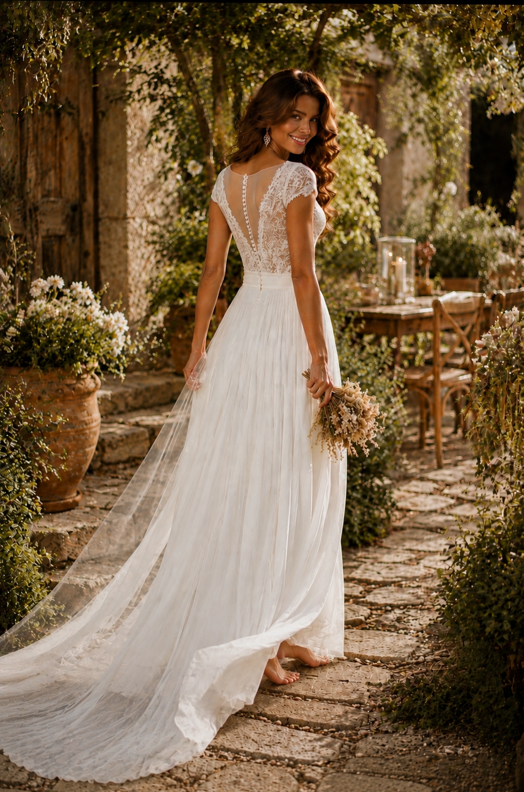 Boho Elopement Wedding Dress – Flowing Chiffon A-Line Bridal Gown with Lace Cap Sleeves | Custom Made Bridal Dress