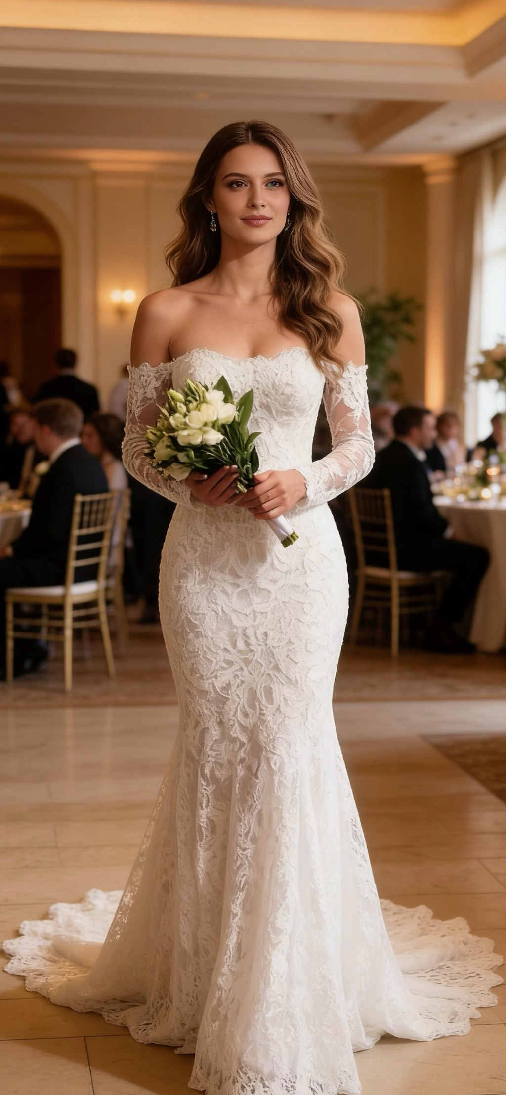Boho Mermaid Lace Wedding Dress | Off Shoulder Custom Bridal Gown Made Entirely of Floral Lace | Long Sleeve Wedding Dress