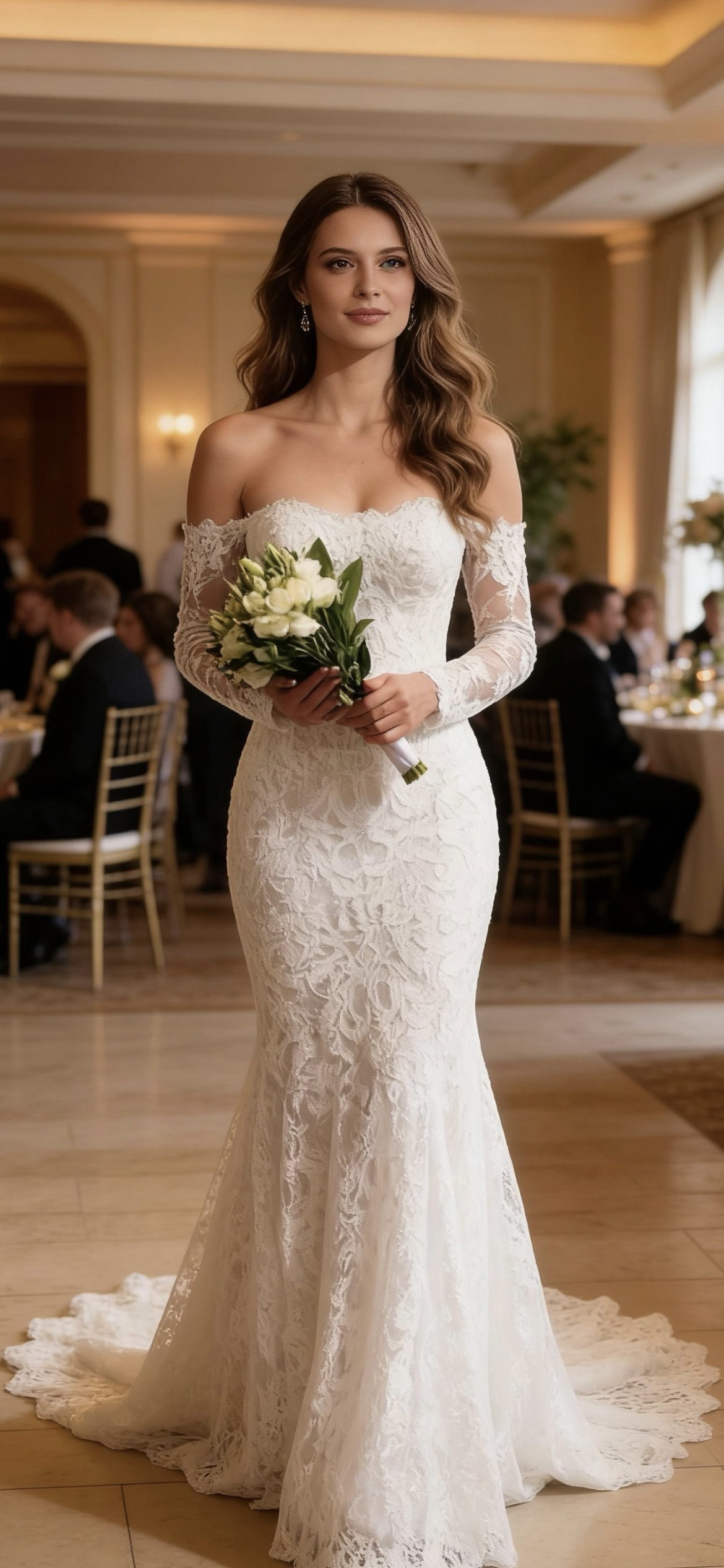 Boho Mermaid Lace Wedding Dress | Off Shoulder Custom Bridal Gown Made Entirely of Floral Lace | Long Sleeve Wedding Dress