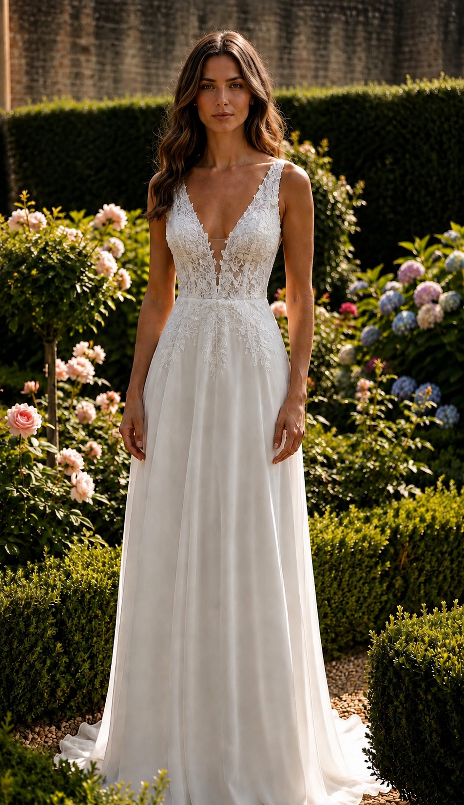 Custom Chiffon A-Line Wedding Dress with Lace Appliques & V-Neck | Sleeveless Bridal Gown for Beach, Garden & Elopement Weddings