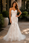 Custom Mermaid Wedding Dress Strapless Sweetheart Neckline with Lace Apliques and Chapel Train