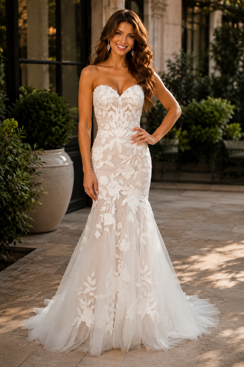 Custom Mermaid Wedding Dress Strapless Sweetheart Neckline with Lace Apliques and Chapel Train