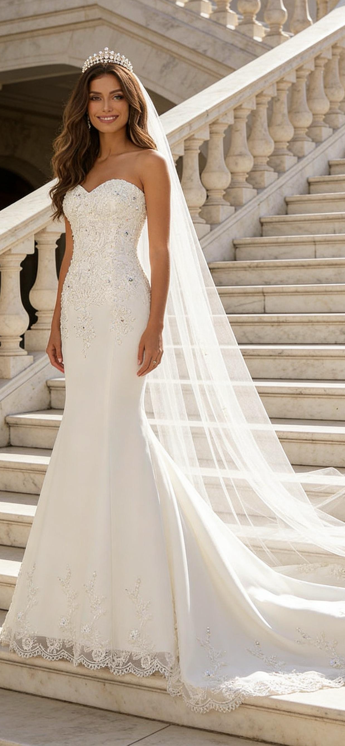 Strapless Mermaid Wedding Dress with Lace Appliqué & Sequin Details | Custom Beach Bridal Gown with Long Train