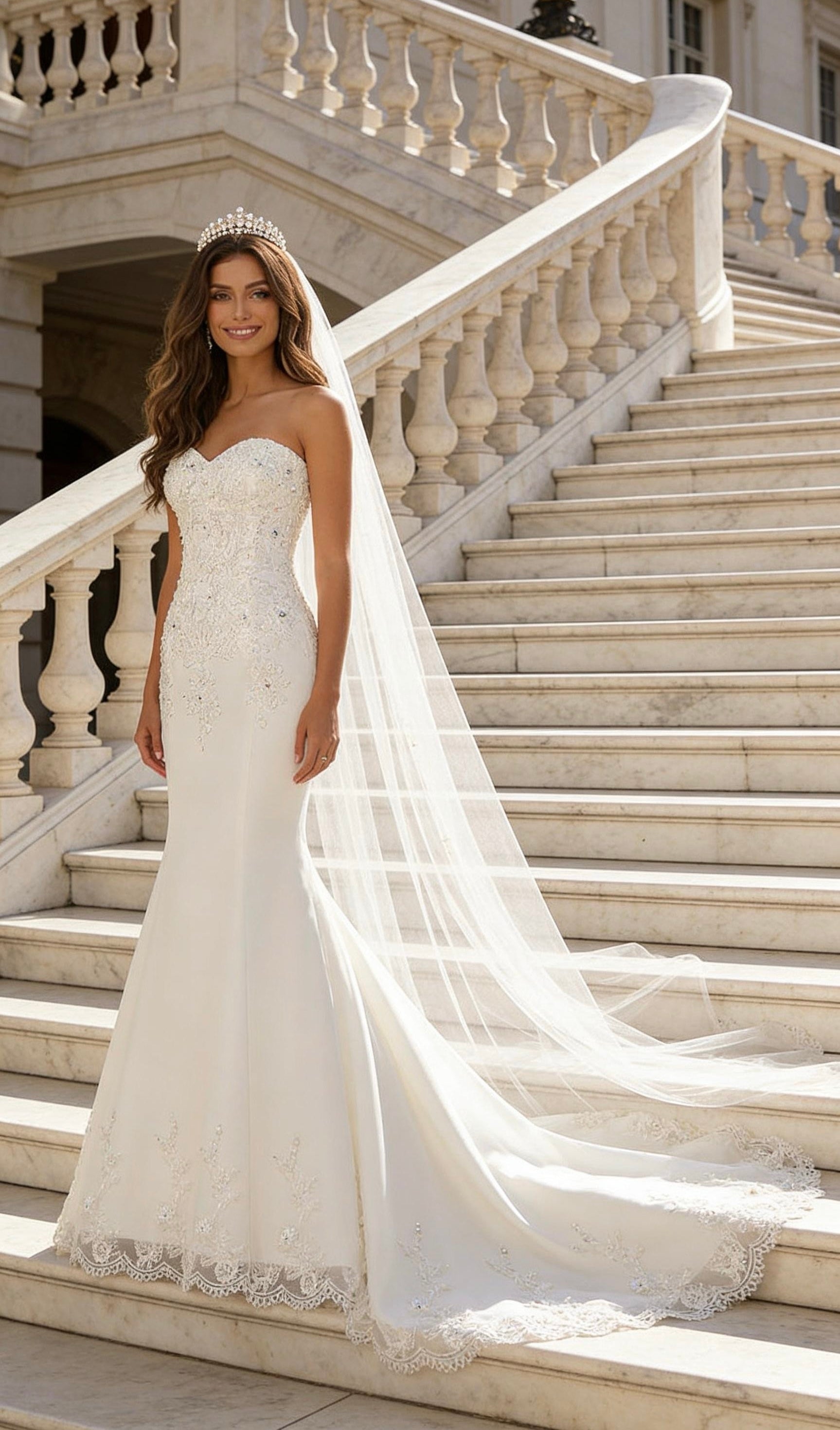 Strapless Mermaid Wedding Dress with Lace Appliqué & Sequin Details | Custom Beach Bridal Gown with Long Train