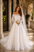 Vintage Off-Shoulder Lace Wedding Dress with Long Sleeves – Custom A-Line Chapel Train Bridal Gown