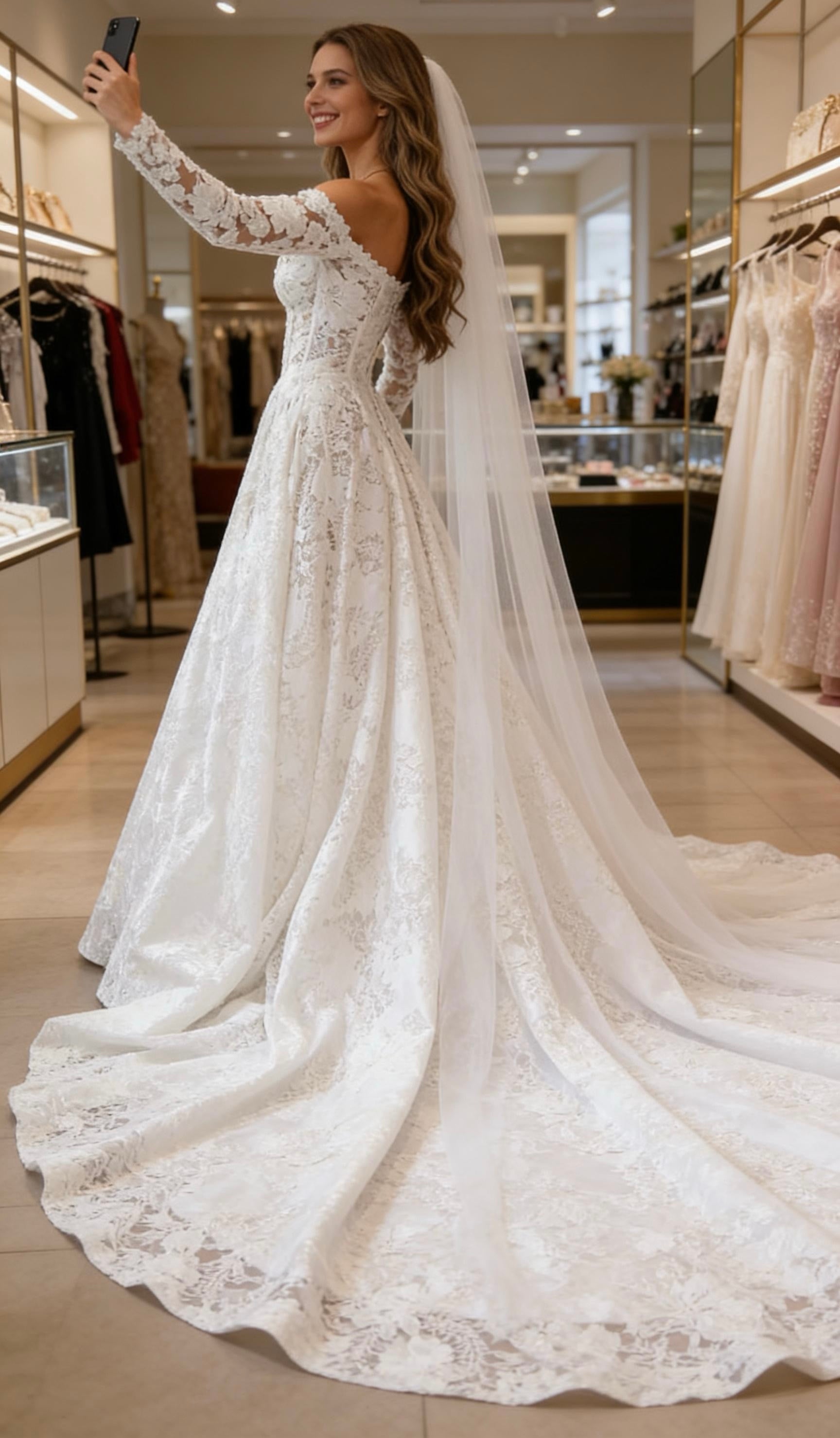 Custom Made Lace Wedding Dress with Sweetheart Neckline, Off-the-Shoulder Long Sleeves Long Train