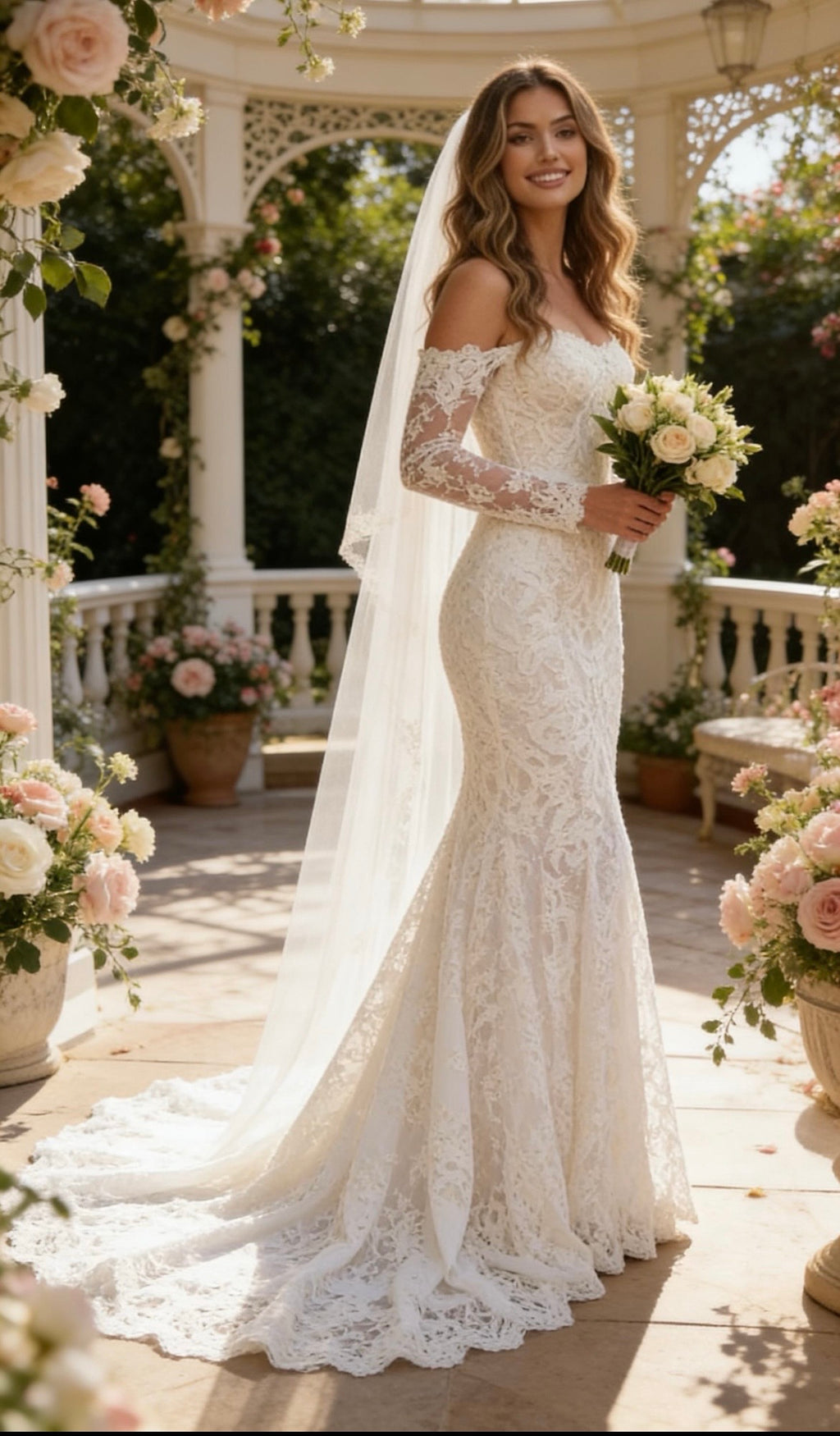 Boho Mermaid Lace Wedding Dress | Off Shoulder Custom Bridal Gown Made Entirely of Floral Lace | Long Sleeve Wedding Dress