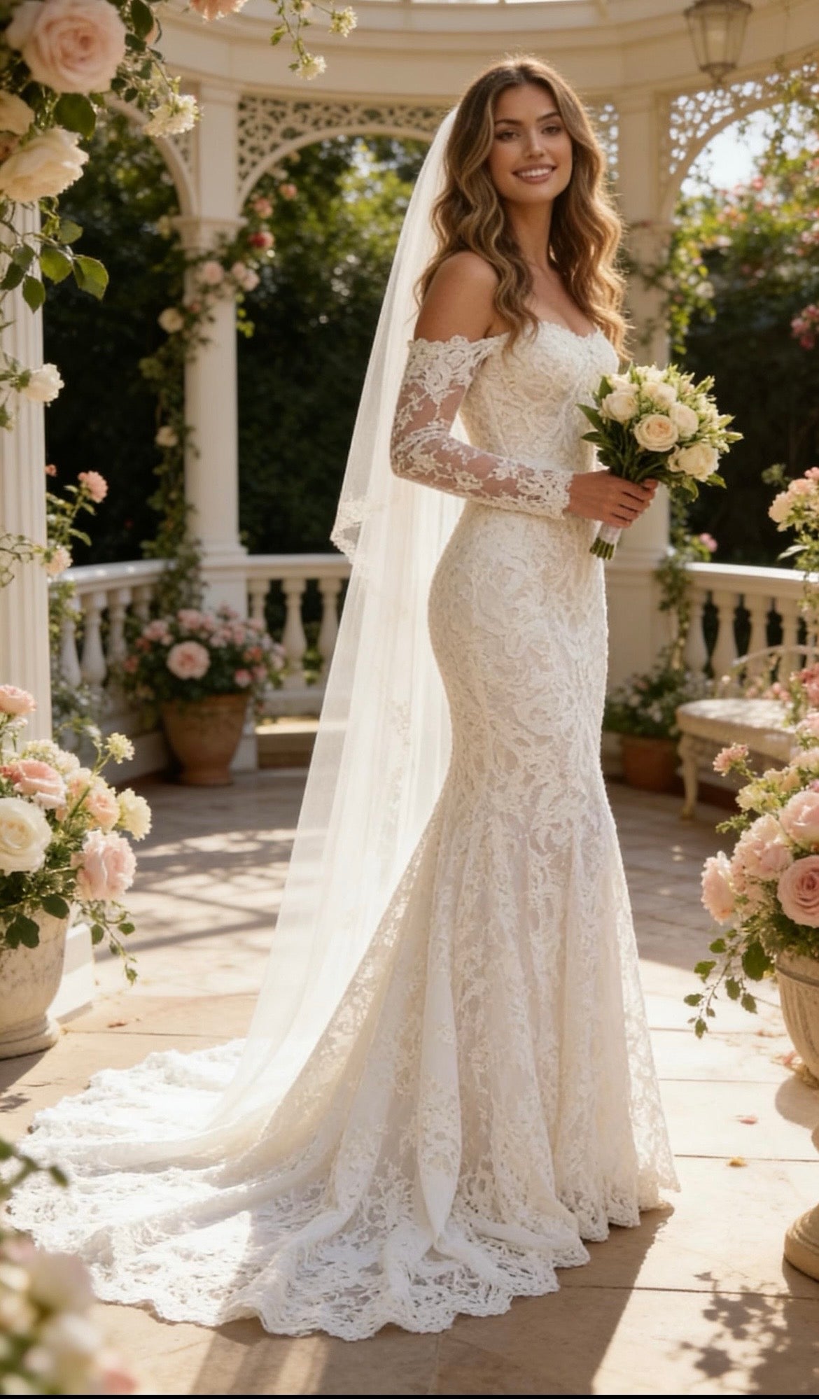 Boho Mermaid Lace Wedding Dress | Off Shoulder Custom Bridal Gown Made Entirely of Floral Lace | Long Sleeve Wedding Dress