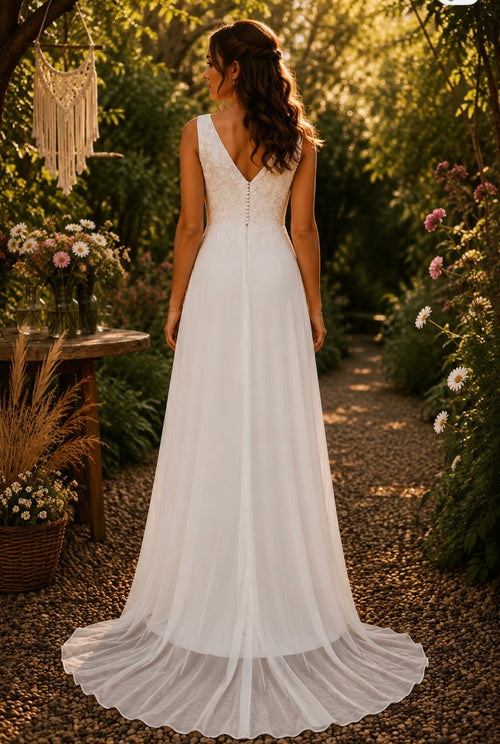 Custom Chiffon A-Line Wedding Dress with Lace Appliques & V-Neck | Sleeveless Bridal Gown for Beach, Garden & Elopement Weddings