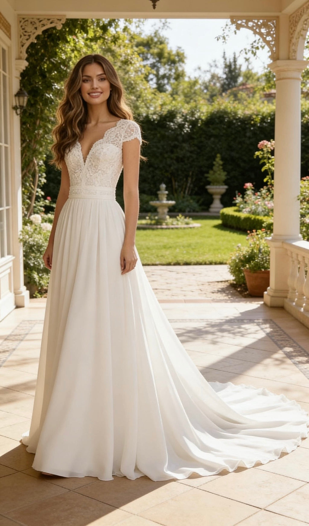 Custom Bohemian Chiffon A-Line Wedding Dress with Cap Sleeves, V-Neck Lace Beach Bridal Gown