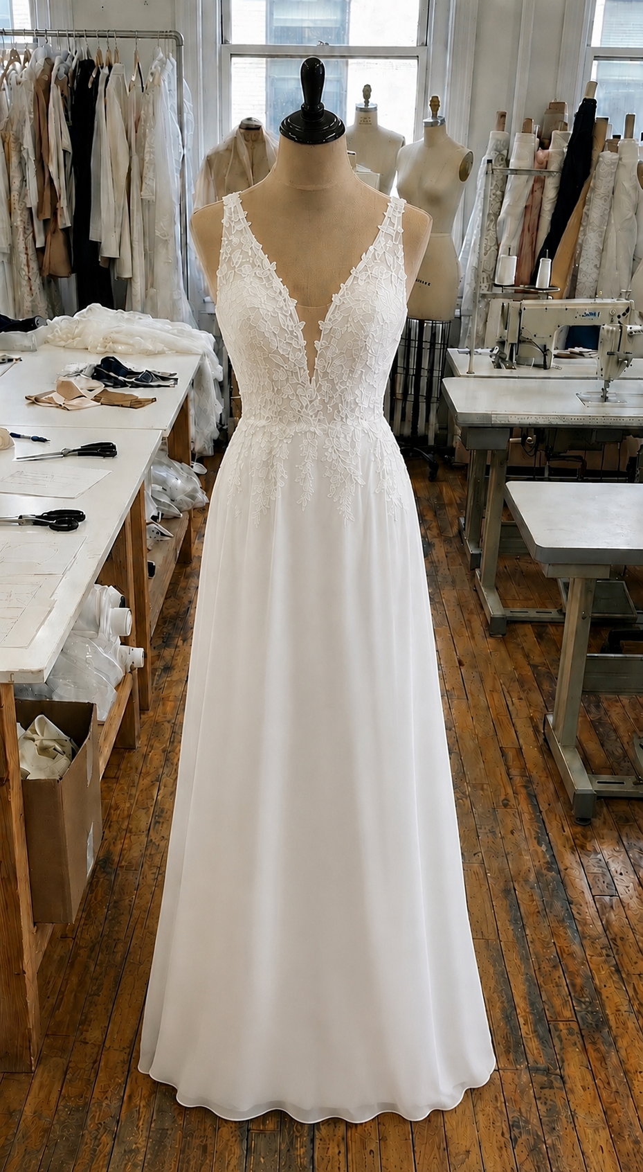 Custom Chiffon A-Line Wedding Dress with Lace Appliques & V-Neck | Sleeveless Bridal Gown for Beach, Garden & Elopement Weddings