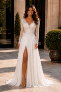 Custom Bohemian Chiffon Wedding Dress with Lace Sleeves & Slit